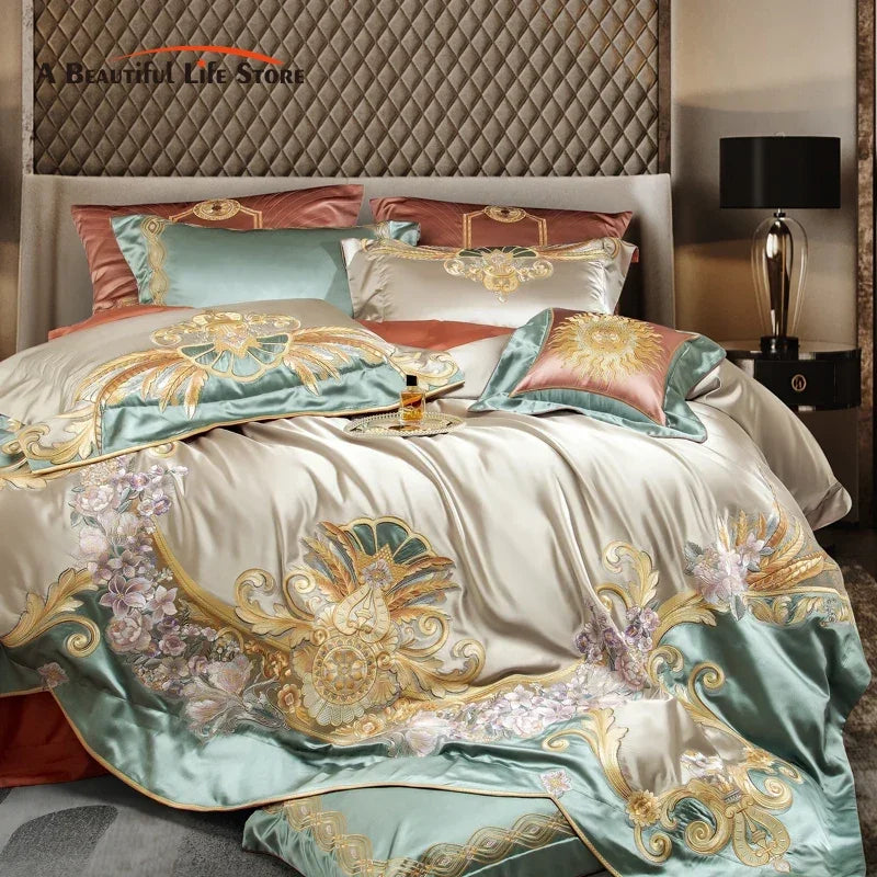 Afralia™ Vintage Flowers & Gold Embroidery Bedding Set - 4/6/9Pcs Egyptian Cotton Duvet Cover, Sheet & Pillowcases