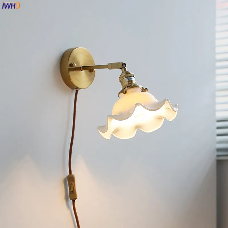 Afralia™ White Flower Ceramic Wall Lamp Sconce Plug In Switch Mirror Light
