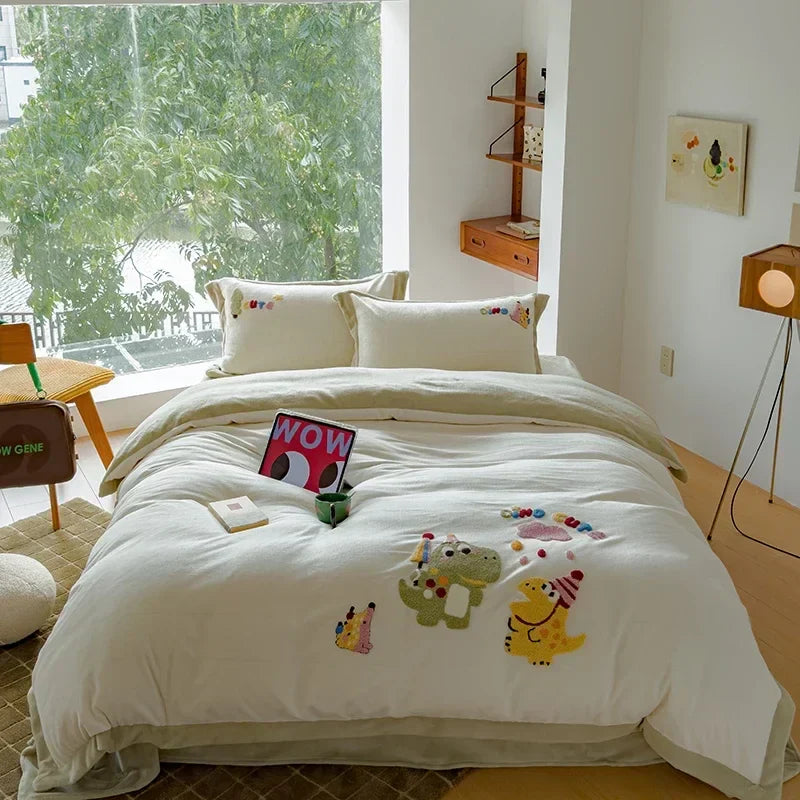 Afralia™ Embroidered Milk Fleece Winter Bedding Set for Warmth & Cozy Comfort