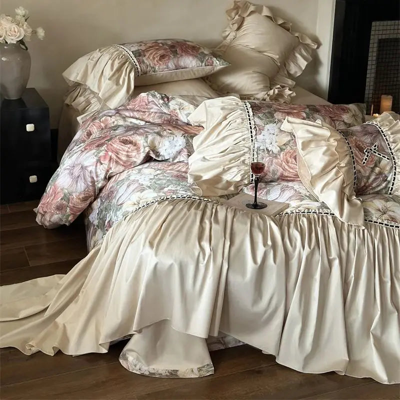 Afralia™ Vintage Floral Bedding Set with Ruffles in Egyptian Cotton, Romantic Oil Painting Style