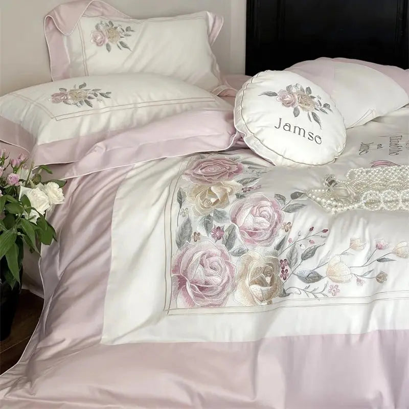 Afralia™ Peony Flowers Embroidery Princess 1000TC Egyptian Cotton Bedding Set 4Pcs
