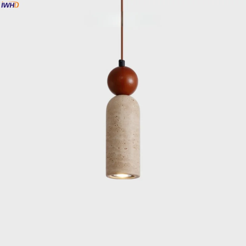 Afralia™ Stone LED Hanging Lamp Bedroom Living Room Lighting Yellow Travertine Wood Pendant