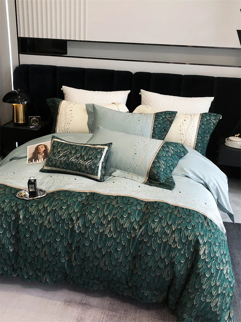 Afralia™ Vintage Luxury Feather Jacquard Bedding Set, 1000TC, Patchwork Embroidery Design