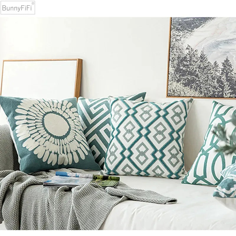 Afralia™ Embroidered Blue Cotton Canvas Cushion Cover for Home Decor