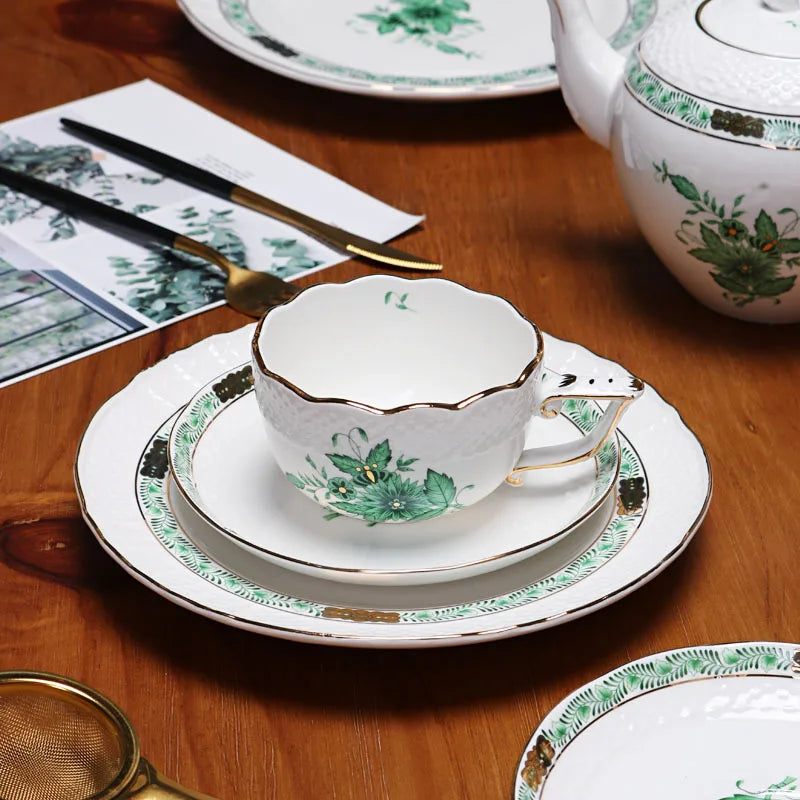Afralia™ Green Plant Patterns Ceramic Tea Cup Set with Spoon and Plate - Perfect for English Afternoon Tea Time