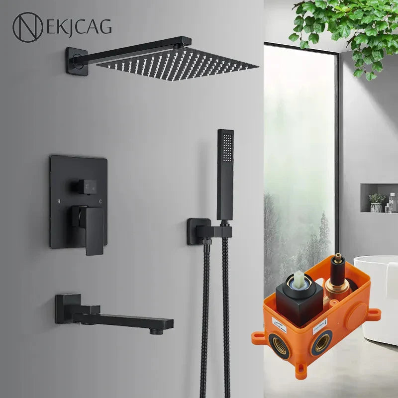 Afralia™ Black Wall Mounted Shower System with Handshower - 12/16 Inch Rainwater Faucet