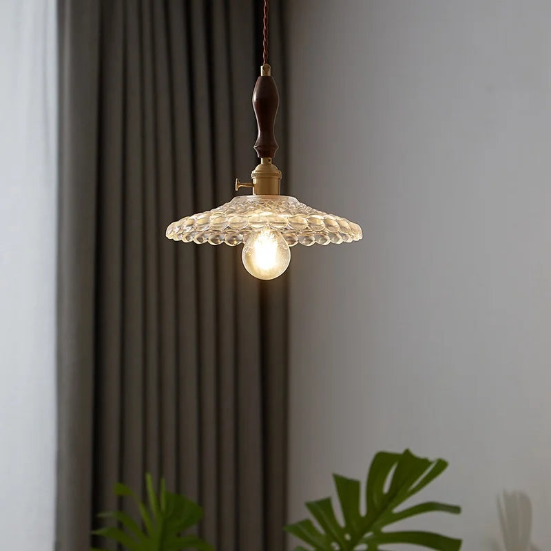 Afralia™ Copper Glass Pendant Light Fixture with Wood Handle & LED Bulb