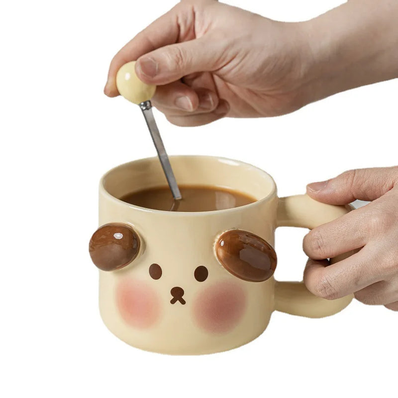 Afralia™ Animal Ceramic Mug Set: Pig Dog Design, Lid, Spoon, Saucer - Breakfast Coffee Cup