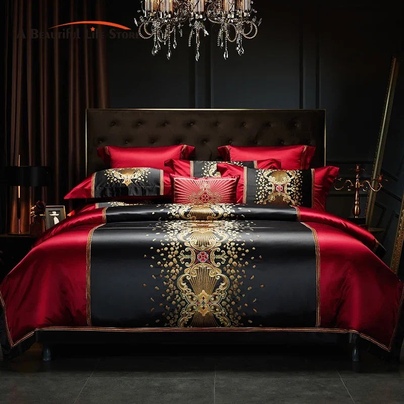 Afralia™ Luxury Gold Embroidery Bedding Set, Satin Brocade & Egyptian Cotton Duvet, Sheet, Pillowcases