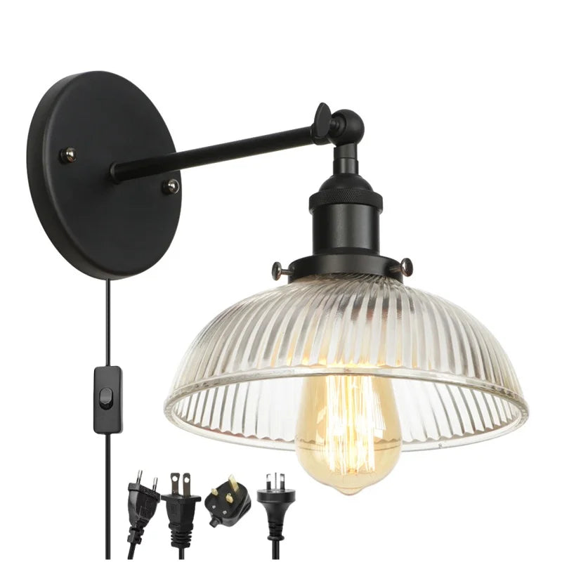Afralia™ Black LED Wall Lamp Vintage Style Iron Bedside Light Glass Wall Sconce