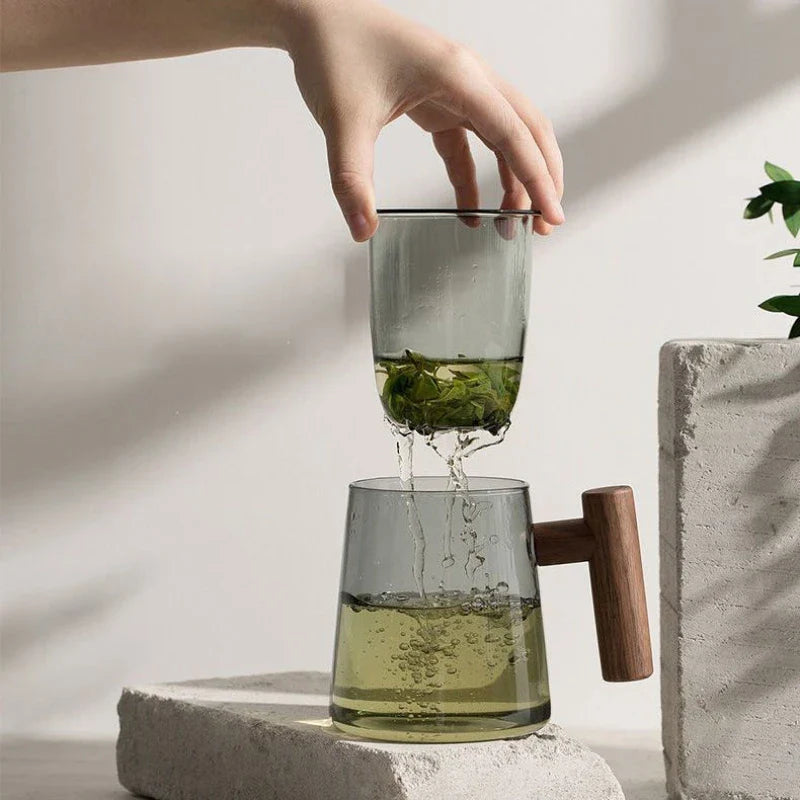 Afralia™ Glass Tea Cup Set with Wood Handle for Puer, Heat Resistant Kung Fu Style