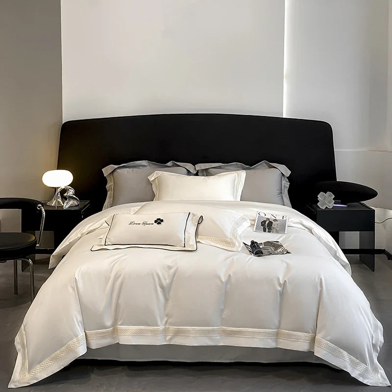 Afralia™ Luxury Hollow Edge Egyptian Cotton Bedding Set, White/Grey/Pink/Blue, 4-Piece