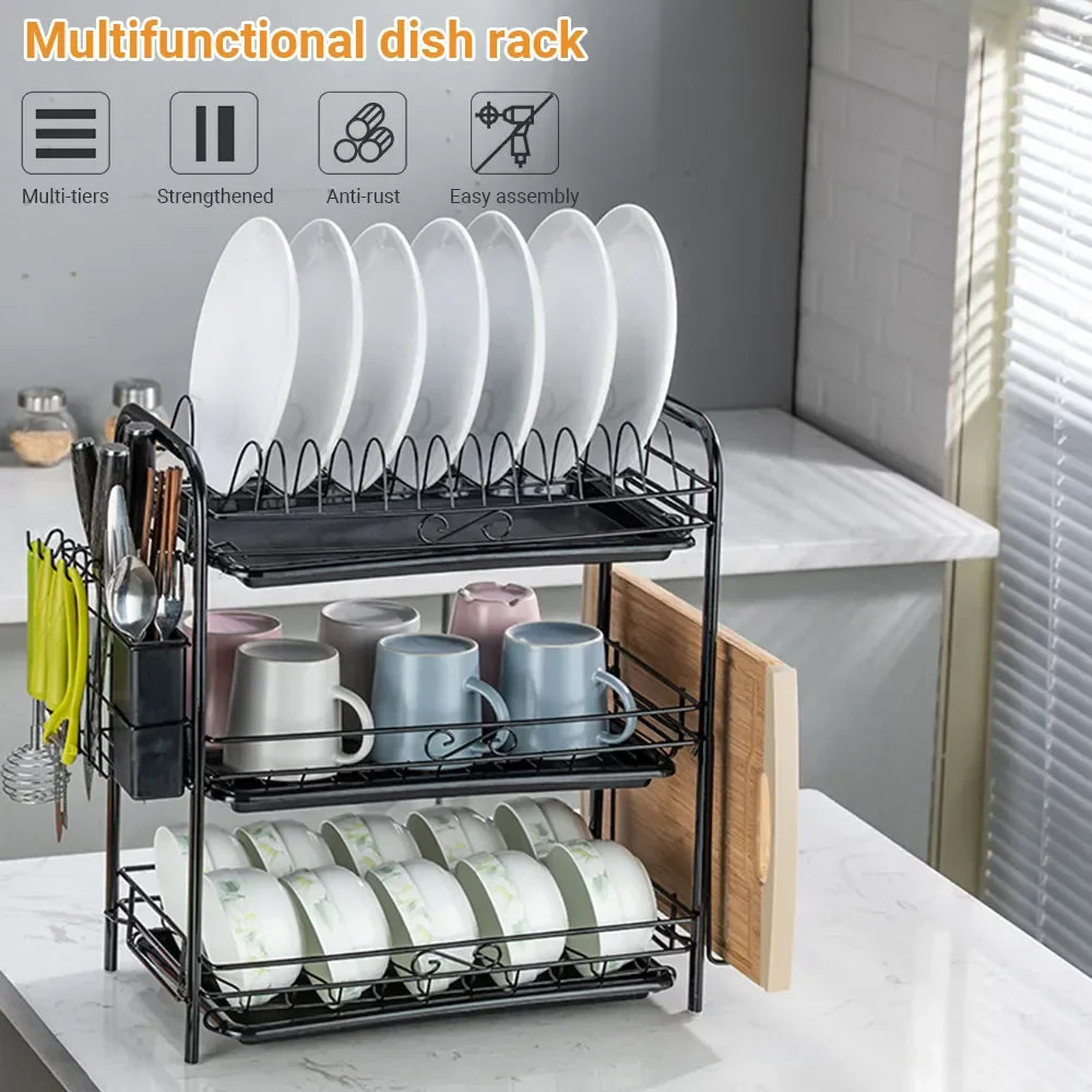 Afralia™ 3-Tier Kitchen Drying Rack & Dish Organizer Shelf with Drain Board