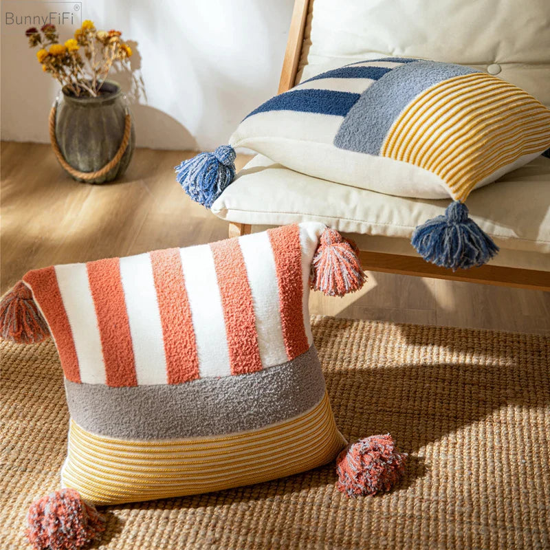 Afralia™ Knit Stripe Cushion Cover 45x45cm with Blue Pink Tassels for Home Decor