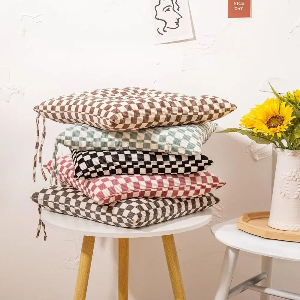 Afralia™ Checkered Corduroy Seat Cushion, Winter Thick Dining Chair with Strap