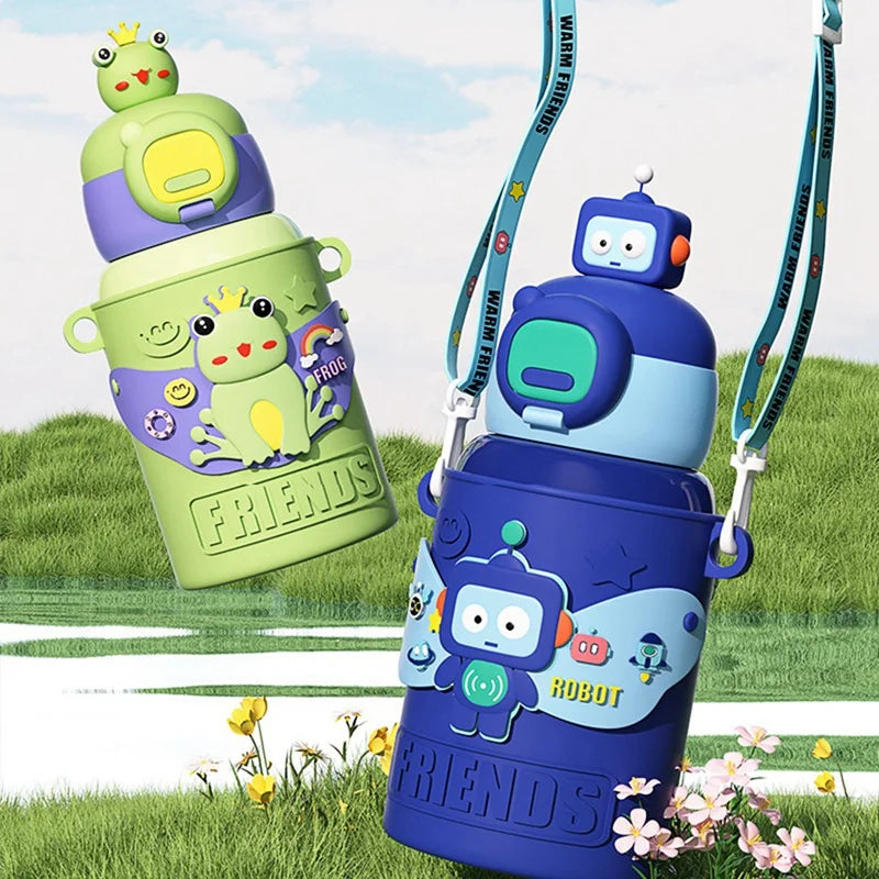 Afralia™ Kids' Cartoon Stainless Steel Thermal Water Bottle with Straw