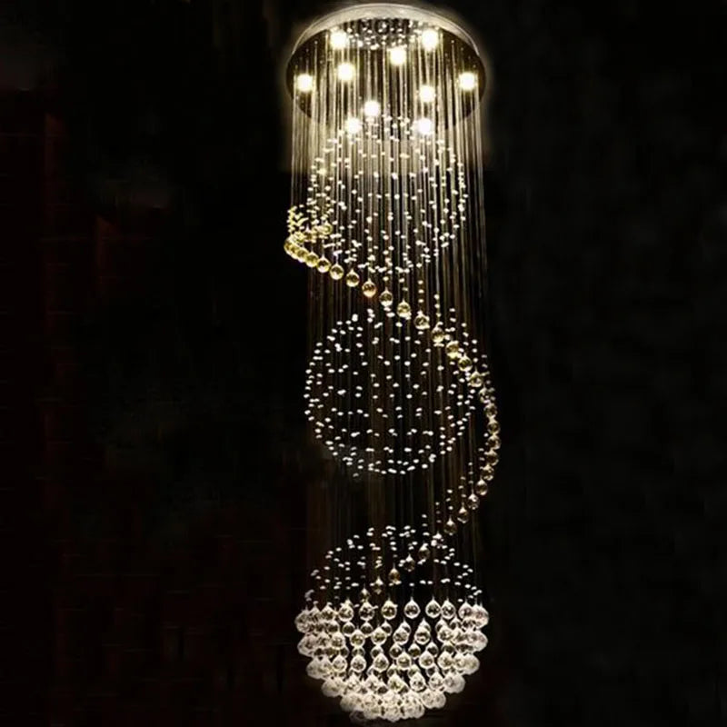Afralia™ Long LED Crystal Spiral Chandelier for Staircase Showcase Hotel Bedroom Hall