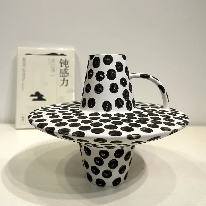 Afralia™ Black White Dots Ceramic Vase Geometric Abstraction Handicraft Floral Accessories