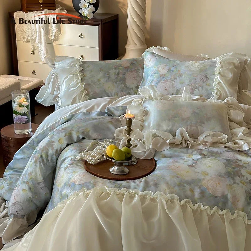 Afralia™ Vintage Flowers Lace Ruffles 800TC Eucalyptus Bedding Set
