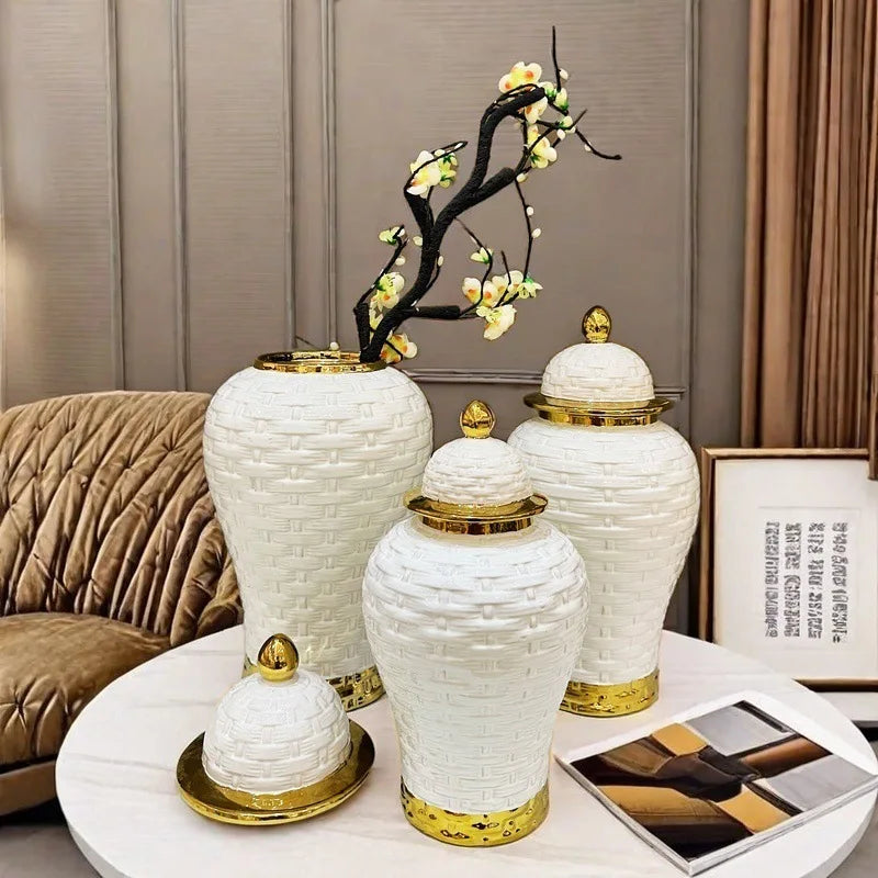 Afralia™ Golden Flower Vase Ceramic Checkmate Jar Weave Pattern Home Decoration Accessories