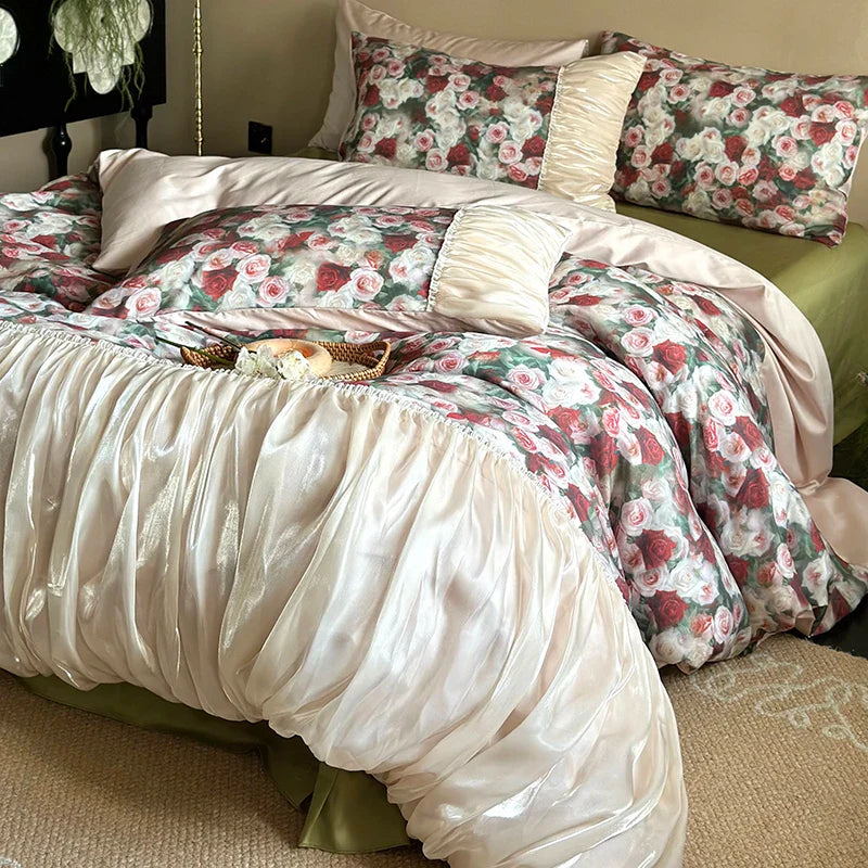 Afralia™ French Rustic Rose Flowers Duvet Set with Pleated Ruffles & Egyptian Cotton