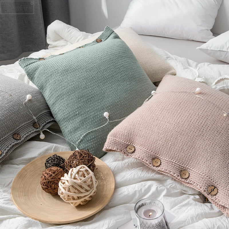 Afralia™ Soft Cotton Knit Cushion Cover in Vintage Ivory Grey Pink Green Solid - 45cm*45cm