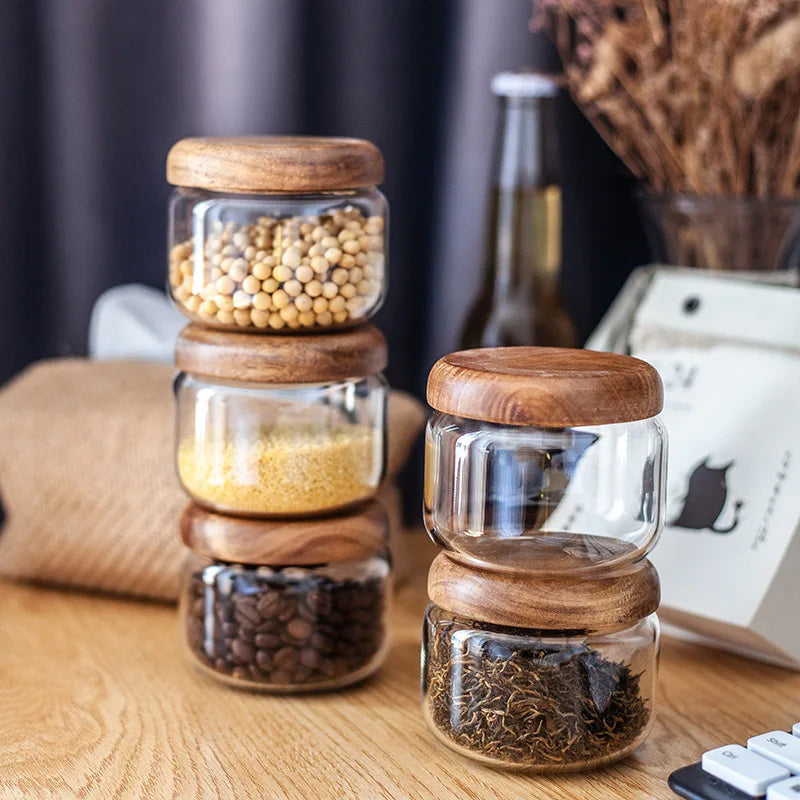 Afralia™ Acacia Wood Lid Clear Glass Storage Jar 300ml Dry Food Snacks Candy Spice Jar