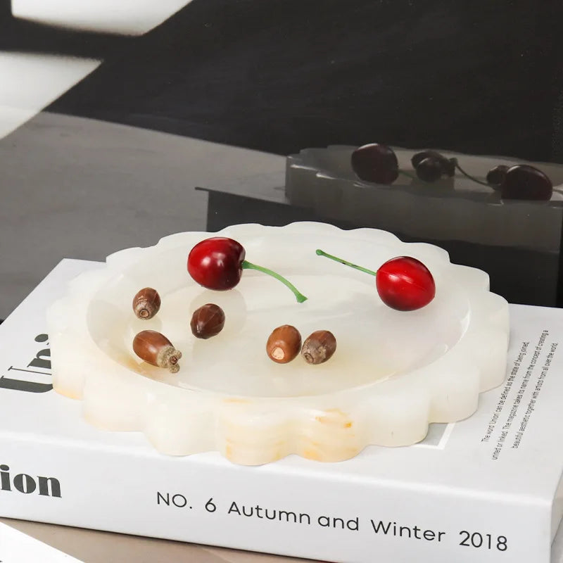 Afralia™ Marble Travertine Serving Tray Scalloped Edge Square Display Tray