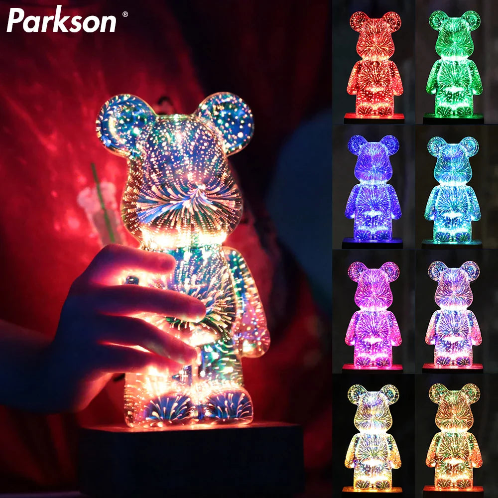 Afralia™ 3D Firework Bear Night Light - Color Changeable LED Lamp for Bedroom & Kids Gift
