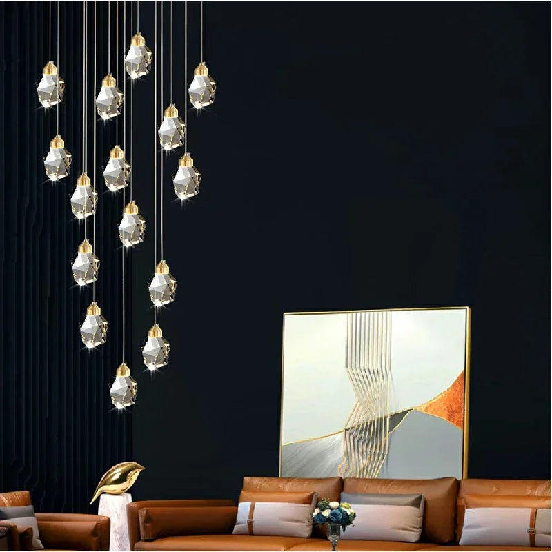 Afralia™ Nordic Crystal Cube Chandelier LED Light for Home Staircase Loft Living Room