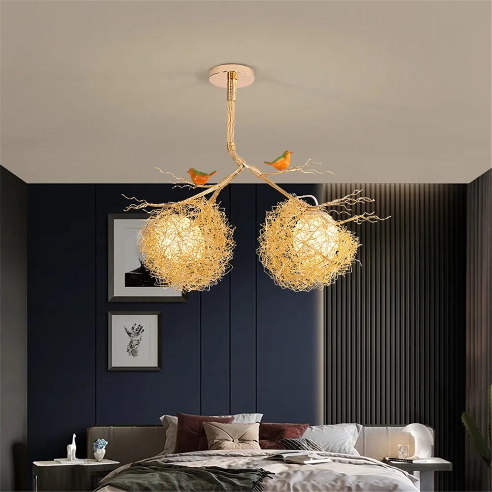 Afralia™ Gold Bird'S Nest LED Chandelier for Modern Cottagecore Living Room Décor