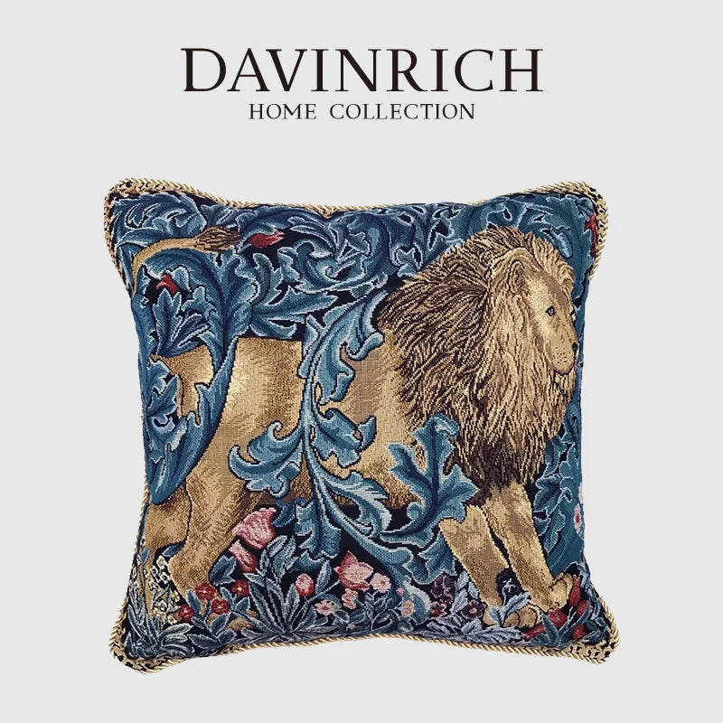 Afralia™ Lion Tapestry Jacquard Square Cushion Cover for Sofa Bed - Vintage Animals Style
