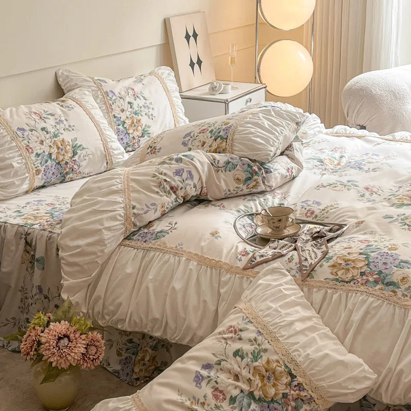 Afralia™ French Pastoral Princess Lace Bedding Set with Ruffles, 100% Cotton, Queen King