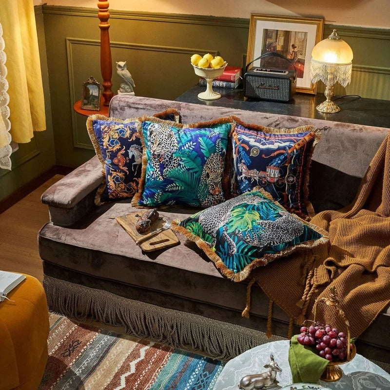 Afralia™ Jungle Animal Collection Cushion Cover with Gold Tassel Fringe - Luxury Satin Pillowcase