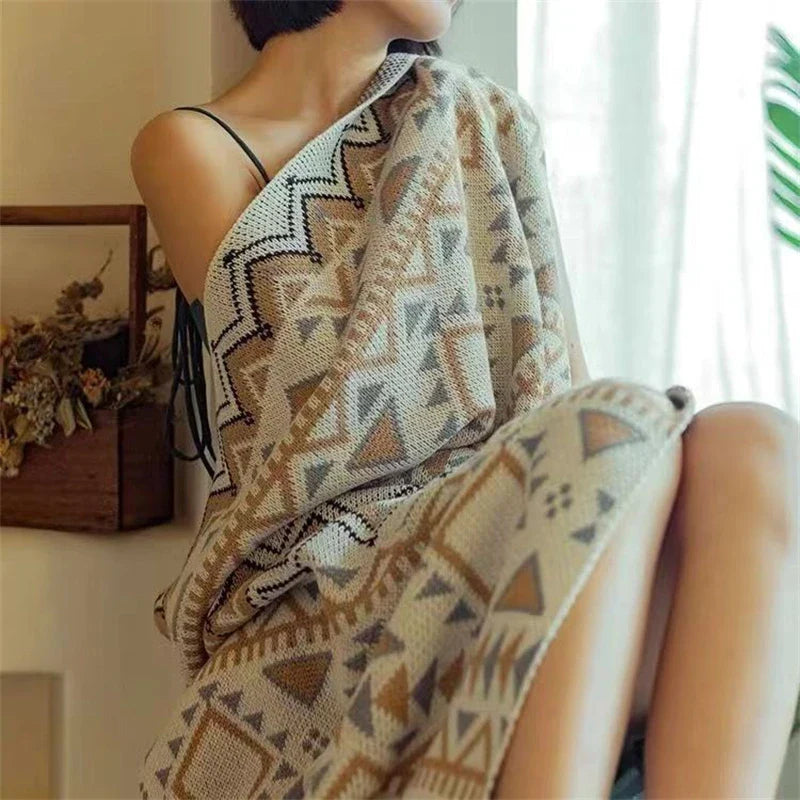 Afralia™ Bohemian Striped Knit Throw Blanket with Tassel Shawl - Versatile and Cozy Blanket