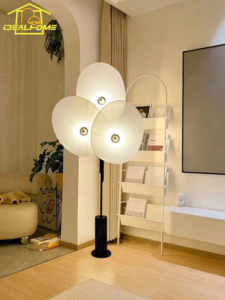 Afralia™ Wabi-sabi Fan Floor Lamp LED E27 Fabric Art Decorative Standing Light