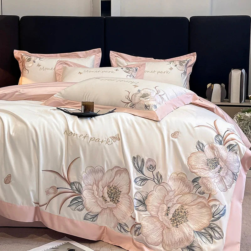 Afralia™ Pink Flowers Embroidery Cotton Luxury Bedding Set: Duvet, Sheet, Pillowcases - 4Pcs