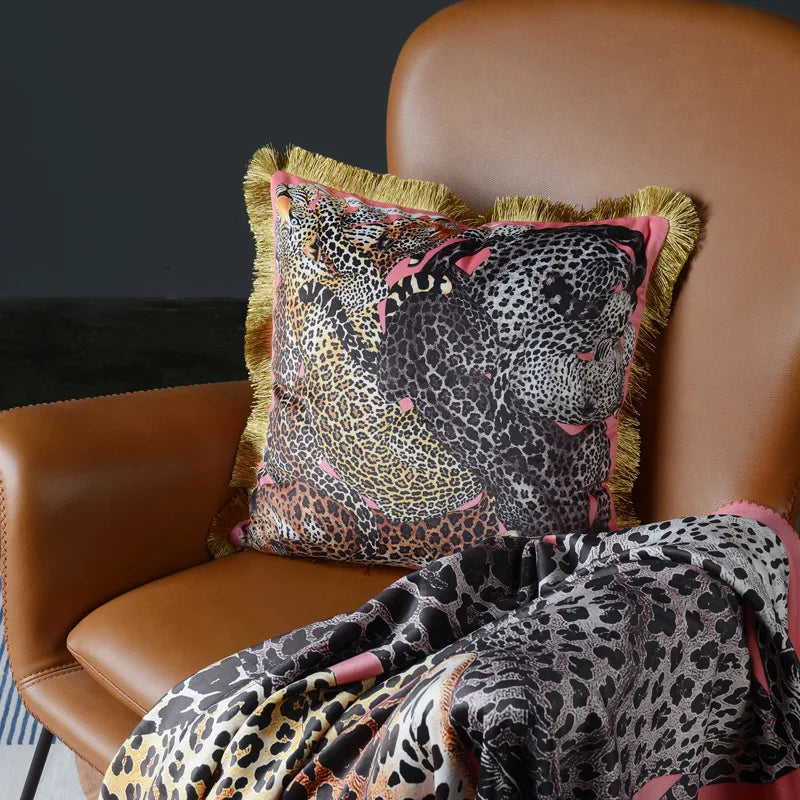 Afralia™ Luxe Pink Leopard Velvet Tassel Pillowcase for Living Room Sofa - Double Sided Boujee Chic