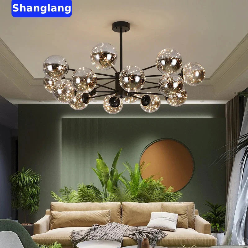 Afralia™ Black Glass Ball LED Chandelier for Living Room, Bedroom - Dimmable Nordic Luxury Fixture