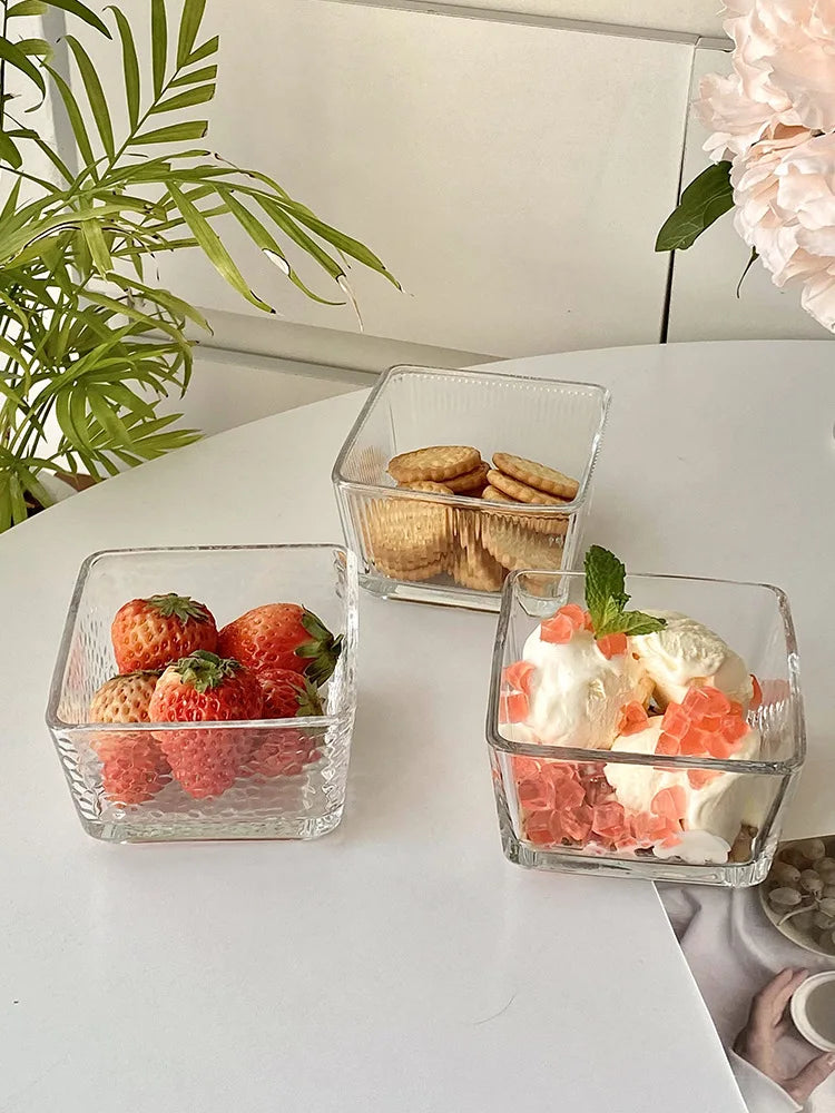 Afralia™ Simple Square Glass Bowl Set for Desserts, Ice Cream, Yogurt, and Salads
