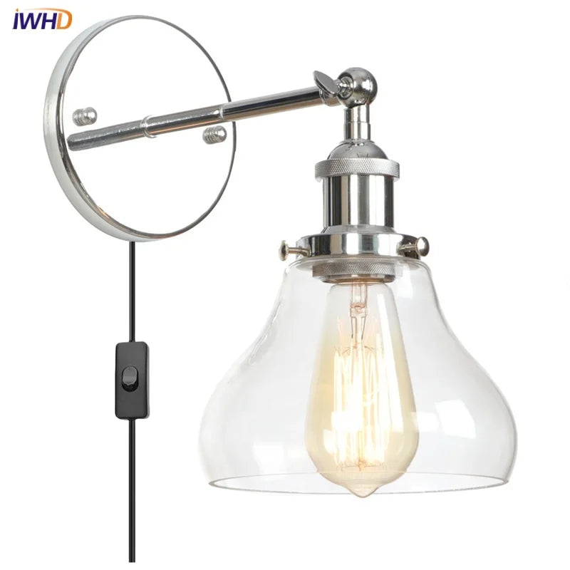 Afralia™ Industrial Vintage Silver Glass Wall Lamp for Bedroom Kitchen Balcony Bedside