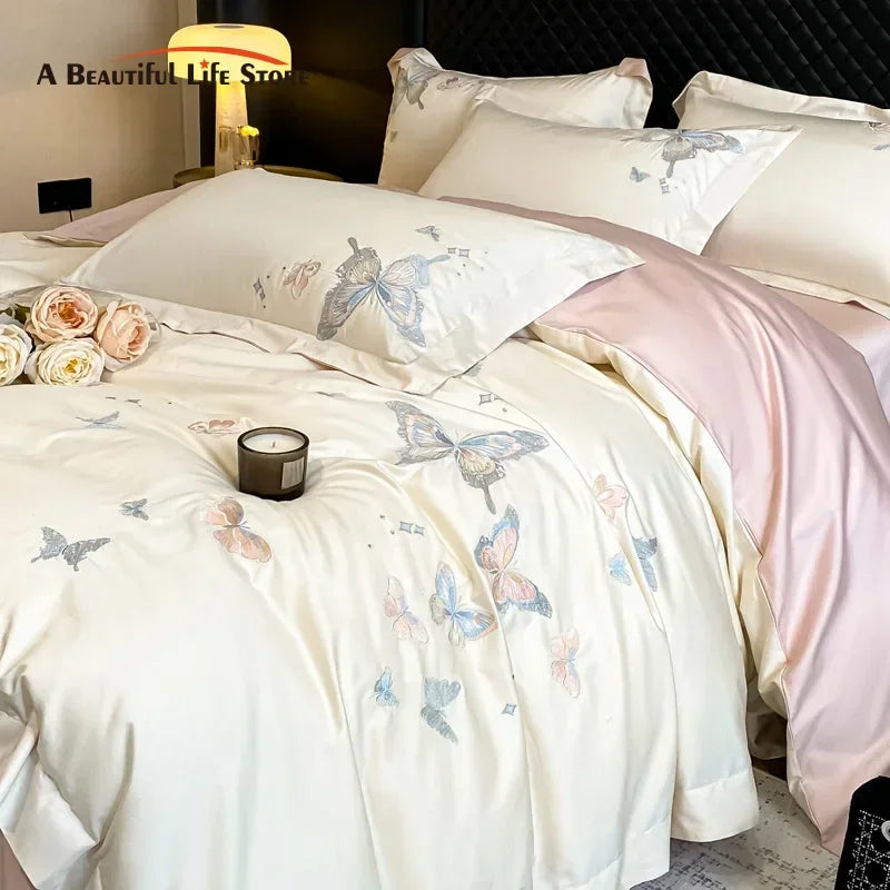 Afralia™ Butterfly Embroidery 800TC Egyptian Cotton Bedding Set - Quilt Cover, Sheet, Pillowcases