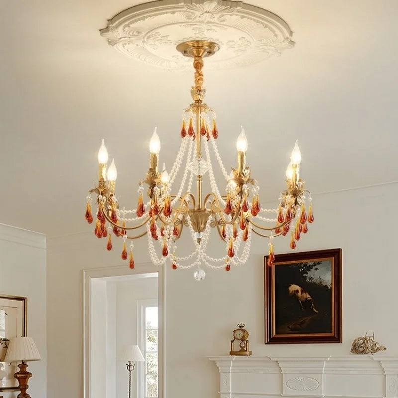 Afralia™ Luxury Red Crystal Candle Chandelier LED Pendant Light - Copper E14 Glamourizing Luminarias