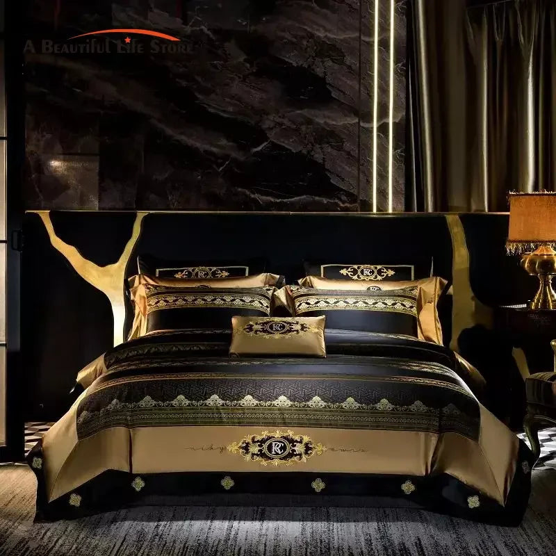 Afralia™ Luxury Embroidery Brocade Cotton Bedding Set with Duvet Cover, Sheet, and Pillowcases