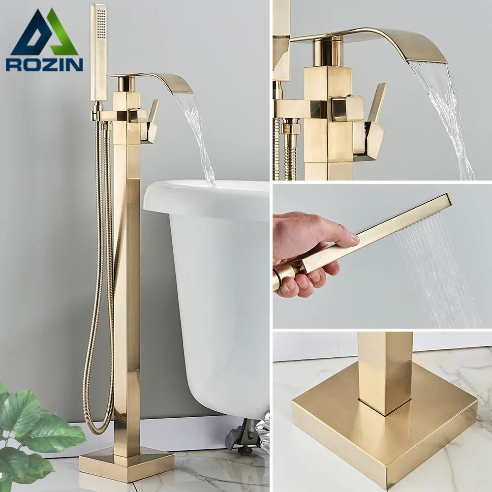 Afralia™ Brushed Gold Tub Shower Faucet Floor Mounted Waterfall Mixer Tap
