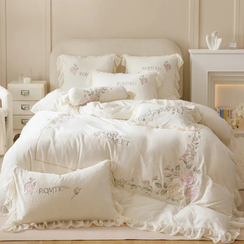 Afralia™ Rose Flowers Embroidery Princess Bedding Set - 4Pcs