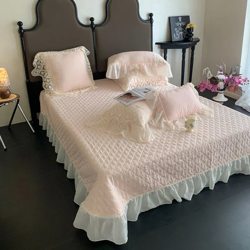 Afralia™ Pink Lace Ruffles Quilted Bedspread 250x260cm Bed Cover - Summer Quilt
