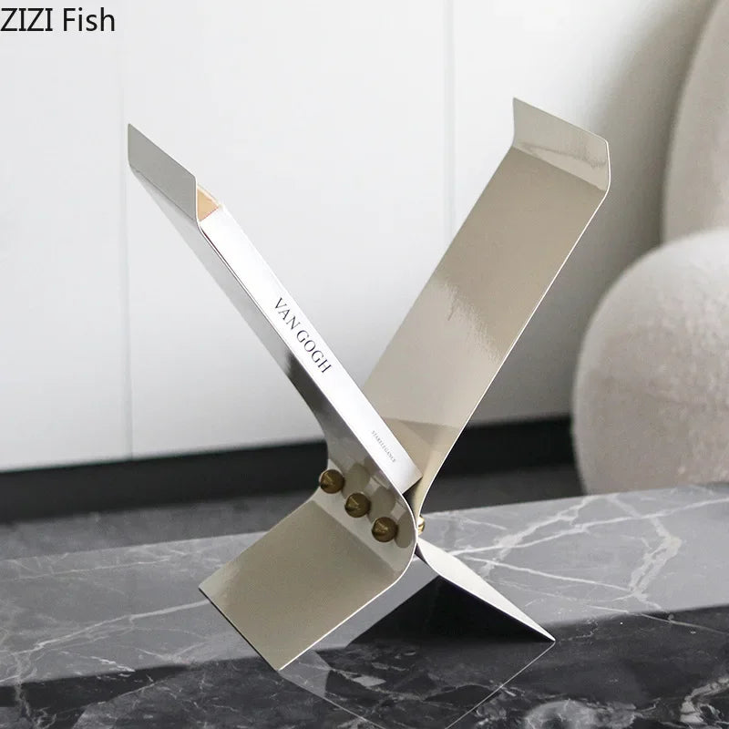 Afralia™ X-Shaped Bookshelf Beige Magazine Holder Modern Metal Rack Room Decor