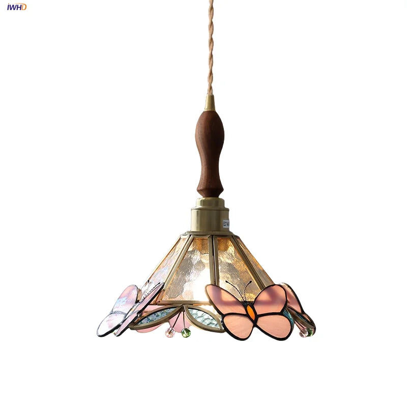 Afralia™ Tiffany Style Butterfly Glass Flower LED Pendant Lamp for Bedroom and Kitchen
