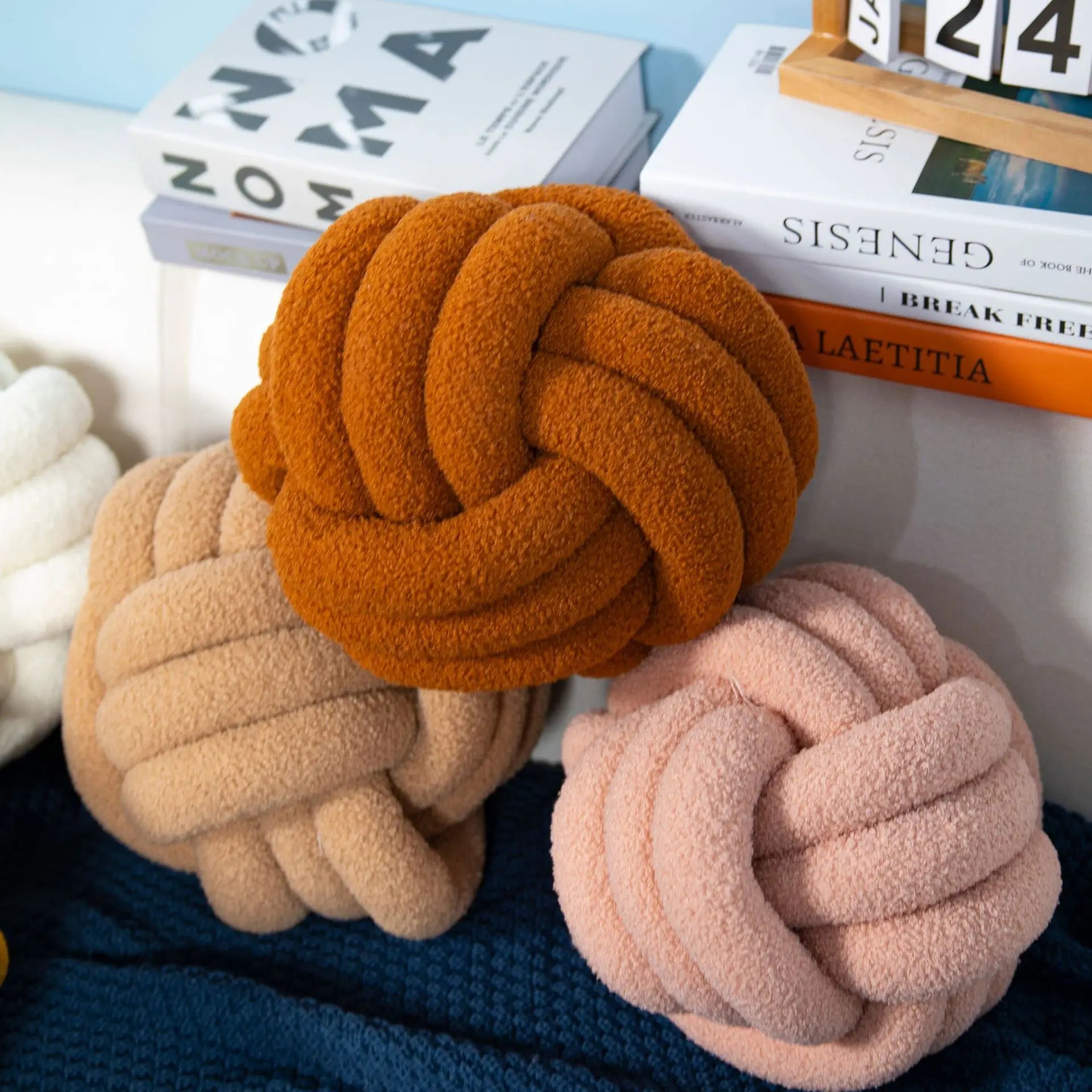 Afralia™ Handmade Knotted Boucle Circle Plush Pillow Brown